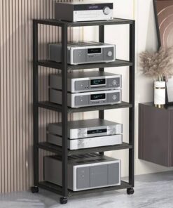 Meuble de Rangement HiFi pour Salon et Petits espaces, 2, 3, 4 ou 5 Niveaux, Lecteur DVD, Meuble de Rangement multimédia AV sur roulettes, Composants de Centre de Divertissement (Noir, 5 niv