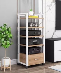 Support multimédia AV à 5 niveaux avec tiroir - Tour de rack audio de 120 cm de haut avec étagères à hauteur réglable - Grand support de lecteur de disque de console multimédia pour salon ch
