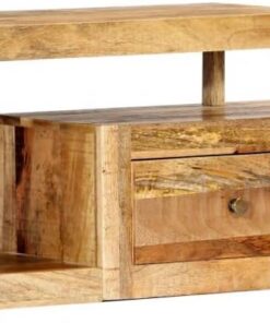 XJBTBA Meuble TV en Bois de Manguier Massif, 2 Tiroirs Compartiment Ouvert, Meuble TV, Meuble de Rangement, Table d'appoint pour Salon, Marron, 120x30x40 cm