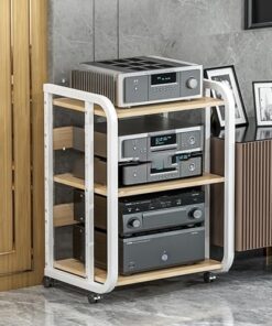 Support audio, support multimédia AV Étagères audio-vidéo Supports stéréo Étagères de rangement ouvertes Armoire de rack audio avec roue Console multimédia de tour audio pour salle d'enregis