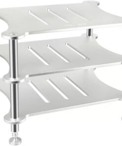 Meuble Hi FI À 3 Niveaux, Rack Audio en Alliage D'aluminium, Meuble Audio Vidéo avec Pointes De Pied Réglables Absorbant Les Chocs, Tour Audio Robuste, Argent, L43 X L34 X H32 Cm