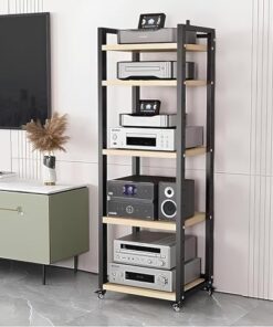 Support multimédia AV avec roulettes, Support Audio sur Pied réglable en Hauteur, Armoire à Composants stéréo à 5 Niveaux pour Salon/Maison/Bureau