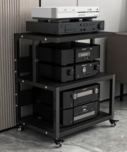 Support vidéo mobile, support audio avec étagères réglables, armoire de rangement multimédia ouverte, support TV moderne, cadre en acier épais, pour lecteurs, accessoires TV (naturel, 3 nive