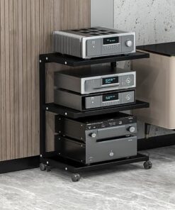 Étagère AV, meuble de présentation, support multimédia, support audio, support de console de jeu, avec roulettes, étagère d'angle avec étagères de rangement, tour de support audio stéréo, pour salle