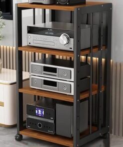 Meuble HiFi à 4 Niveaux avec roulettes, étagère Mobile pour Platine Vinyle et Console de Jeux. Design élégant Noir et Teck pour Le Divertissement à Domicile.