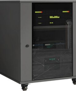 Meuble Stéréo AV, Meuble Rack Audio Mobile, Support Multimédia Audio Vidéo, Meuble Hi FI Audio avec Étagères Réglables, Meuble Audio Vidéo avec Porte Vitrée(Gray,56x57x63CM)