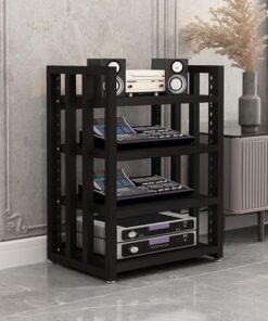 Générique (FR:Support multimédia AV 4/5 Niveaux, Armoire Audio Ouverte, Meuble stéréo sur Pied, étagère en Bois avec étagères et Pieds réglables, Meuble de Rangement multimédia (Couleur : Noir, 4 n