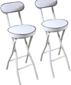 Lot de 2 tabourets de bar pliants avec repose-pieds, siège rembourré en polyuréthane robuste et dossier et capacité de 136 kg, parfaits pour la cuisine, le petit déjeuner et le bar, blanc, 66 cm de