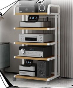 Meuble stéréo 3, 4 ou 5 Niveaux, Support multimédia AV, Support d'amplificateur HiFi, Meuble Audio/vidéo avec roulettes de Frein et étagère de Rangement Ouverte (Blanc + Noyer, 5 Niveaux, 10