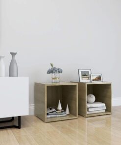 XJBTBA Meuble TV, Meuble TV en Bois d'ingénierie avec éère de Rangement, Table d'appoint pour Salon, Meuble TV, Organisateur de Rangement, Finition chêne Clair, 37x35x37 cm (Lot de 2)
