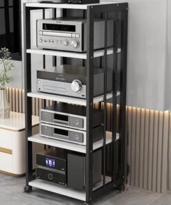 Meuble Audio HiFi à 2, 3, 4 ou 5 Niveaux avec roulettes de Frein, Platine Vinyle Mobile, étagère pour Console de Jeux (Noir et Blanc, 5 Niveaux)