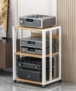 Support multimédia AV Étagère d'angle Armoire de rangement pour composants stéréo avec roulettes, tour audio Centre de divertissement d'angle Armoire audio avec étagères réglables, petite co