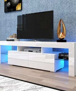 Meuble TV de Divertissement Centre de Divertissement Haute Brillance avec éclairage LED Meuble Console multimédia Moderne avec 2 tiroirs de Rangement Table Console TV en Bois pour téléviseur