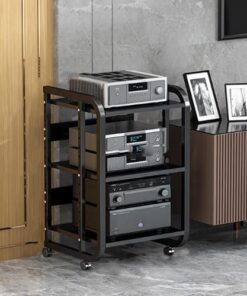 Support audio, support multimédia AV Étagères audio-vidéo Supports stéréo Étagères de rangement ouvertes Armoire de rack audio avec roue Console multimédia de tour audio pour salle d'enregis