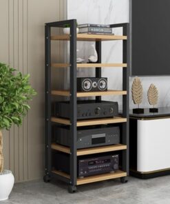 Générique Étagères de Rangement multimédia, Meuble de Support multimédia Audio vidéo à 4/5/6 Niveaux avec étagère en Bois réglable en Hauteur et roulettes Mobiles, Rangement pour Composants stéréo de