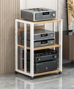 Support multimédia Mobile à 3 Niveaux, Support Audio/vidéo, Support de Lecteur CD, Armoire de Rangement pour Composants stéréo avec étagère en Bois réglable en Hauteur pour la Maison/Le Bure