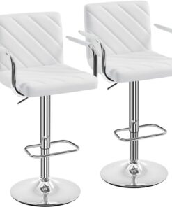 Yaheetech Lot de 2 Tabourets de Bar avec Accoudoirs Réglables en Hauteur Siège Rotatif sur 360°, Chaises de Bar en Similicuir et Pied en Métal, Tabouret Haut Moderne pour Bar Salle à Manger Blanc