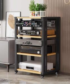 Support multimédia AV, Support de Lecteur CD, Armoire stéréo à 4 Niveaux avec étagère en Bois réglable en Hauteur, Tour de Support Audio avec poulie, pour Salon, Jeux, Salle d'enregistrement