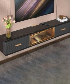 Meuble TV flottant moderne, armoires de rangement, console multimédia avec 2 tiroirs, armoire flottante sous TV avec porte à rabat, table console TV, meuble TV console multimédia, pour salon