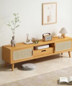 Meuble TV en Bambou, Portes coulissantes, Support de Divertissement pour téléviseurs jusqu'à 70 Pouces, Console TV pour Salon, Chambre (Couleur : Porte en rotin, Taille : 1,4 m avec tiroir)
