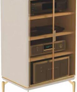 Meuble Rack Audio À 4 Niveaux, Meuble Stéréo en Bois, Meuble Hi FI avec Porte en Verre Trempé, Meuble Audio Vidéo avec Gestion des Câbles, Meuble TV Moderne(Off-White,W45cm/17.7in)