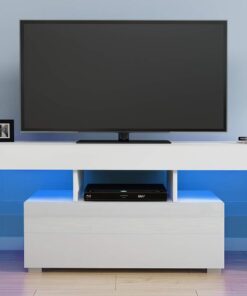 ZXLIHS Meuble TV 130 cm avec lumières LED, façades Brillantes, Meuble de Divertissement TV avec tiroir de Rangement éères pour Salon Blanc