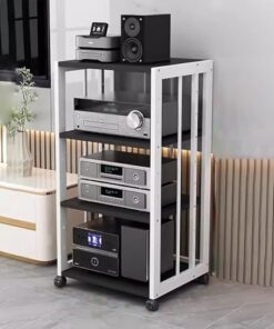 Support audio à 4 niveaux, meuble de composants stéréo au sol, support multimédia facile à déplacer, étagère multimédia de grande capacité, support DVD pour amplificateurs/lecteurs/accessoir