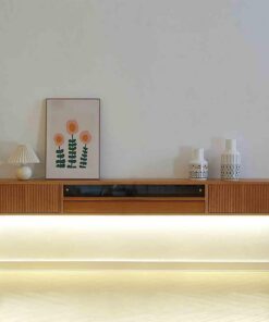 Meuble TV Flottant avec portes et tiroirs，Table TV Bois Massif, Console Média avec Trou De Câble,Meuble TV Flottant,Centre de Console multimédia de Divertissement avec Grand Espace，pour le salon(Brown
