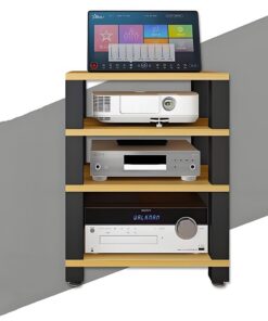 Support TV au Sol, Meuble HiFi à 4 Niveaux, Tour de Support Audio for composant stéréo de Divertissement, Meuble Rack Audio, Parfait for Les Coins et Les Petits espaces(Black+Wood)