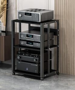 Support multimédia AV Étagère d'angle Armoire de rangement pour composants stéréo avec roulettes, tour audio Centre de divertissement d'angle Armoire audio avec étagères réglables, petite co