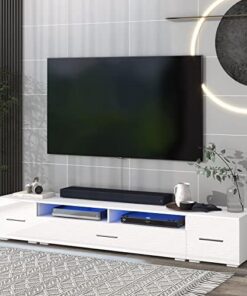 Meuble TV Moderne avec tiroirs, Console multimédia avec éclairage LED 16 Couleurs, Meuble de Divertissement avec étagères de Rangement, Table Console TV en Bois pour téléviseur jusqu'à 90 po
