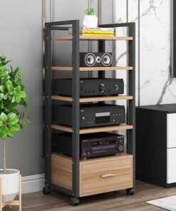 Petit Meuble de Divertissement avec tiroirs et Plateau réglable, Meuble de Jeu à roulettes de 119 cm de Haut, Support multimédia AV/DVD/Disque pour Bureau, Support Audio stéréo (Noir)