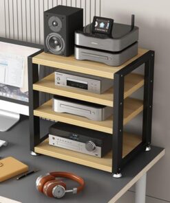 Meuble stéréo de Bureau à 3 Niveaux, Meuble Audio HiFi, Petit Support multimédia AV, étagères de Rangement Audio/vidéo Mobiles, Supports pour appareils de Streaming (Noyer Clair, 35 x 35 x 4