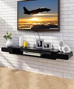 Meuble TV flottant à fixation murale, meuble TV, meuble de divertissement pour petit appartement, chambre à coucher avec étagère à suspendre sur fond noir, 150 cm