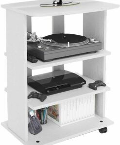 BAKAJI Meuble TV en Bois MDF avec 3 étagères, Porte Console de Jeux DVD et 4 Roues, Meuble Panier pour télévision, Design Moderne, Dimensions 60 x 45 x 80,5 cm (Blanc)