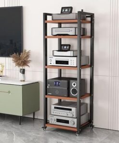 Générique Support multimédia AV avec roulettes 5/6/7/8 Niveaux, Support pour Lecteur de disques, Meuble Audio Moderne pour Composants stéréo, Noyer, 5 Niveaux de Largeur 19,6 Pouces