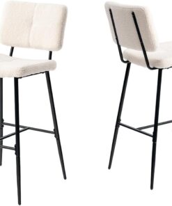 Meuble Cosy Lot de 2 Tabouret de Bar Industriel avec Dossier et Repose-Pieds, Siège Rembourrés de 75 cm de Haut, Chaises Hautes en Bouclette Cadre en métal, Beige
