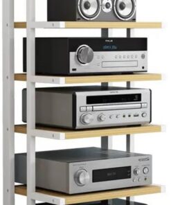 Audio Rack Meuble HiFi Support AV Media Composants Audio/Vidéo Stand avec roulettes 4/5/6 Couches Meuble Stéréo Meuble Multimédia d'angle Support pour Enregistreur(White+Walnut,6 Tier)