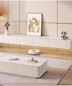 Meuble TV Mural Flottant avec étagères et Trous pour câbles pour Salon, Chambre à Coucher, Blanc, 140 cm