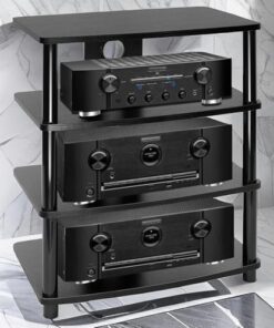 Meuble multimédia à 4 Niveaux pour Composants Audio/vidéo avec étagère en Bois, Support TV de Jeu et Support stéréo Tour Audio d'angle Support de Rangement Ouvert Multifonction pour la maiso