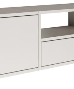 Selsey Meuble TV Suspendu 150 cm Blanc Design Scandinave Minimaliste Gain de Place avec 3 Abattants et Niche pour Appareils Multimédias Bois Laminé Durable