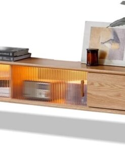 Meuble TV suspendu en bois massif Meuble TV mural avec Porte Coulissante en Verre Support TV flottant console multimédia murale Meuble tv moderne à LED armoire de rangement pour le salon.(Wood color,1
