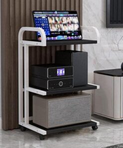 Générique Support multimédia Moderne avec roulettes, Support multimédia Audio-vidéo, Support Audio sur Pied avec étagères de Rangement, Support Audio stéréo, Tour Facile à Assembler pour Salon, Salle