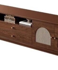 Étagère TV Murale Meuble TV de Salon rétro tissé en rotin, Meuble Rangement sur Pied, Style Vintage