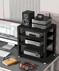 Meuble stéréo de Bureau à 3 Niveaux, Meuble Audio HiFi, Petit Support multimédia AV, étagères de Rangement Audio/vidéo Mobiles, Supports pour appareils de Streaming (Noir, 40 x 35 x 48 cm)