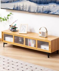 Console TV en Bambou pour Centre de Divertissement, Portes coulissantes, Table TV pour téléviseurs jusqu'à 70 Pouces, Meuble TV, Supports TV pour Salon (Couleur : Marron, Taille : 160 cm - 2