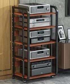 Étagère Audio vidéo à 5 Niveaux avec étagères réglables et Support de Tour Rotatif pour système de Divertissement à Domicile Armoire en Bois Noir + Teck pour Les Jeux et Le Salon