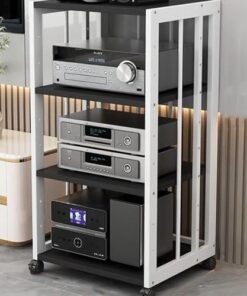 Meuble Audio HiFi à 2, 3, 4 ou 5 Niveaux avec roulettes de Frein, Platine Vinyle Mobile, étagère pour Console de Jeux (Blanc et Noir, 4 Niveaux)