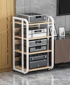 Support audio-vidéo multimédia, récepteur AV, lecteur DVD, 4 étagères, armoire de rangement pour consoles de jeu avec roulettes universelles, étagères réglables en hauteur pour composants st