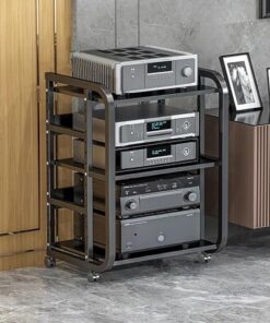 Support multimédia audio-vidéo à 3 niveaux, armoire AV moderne avec grand espace de rangement pour composants stéréo de divertissement, support de rack audio robuste, tour parfaite pour comp